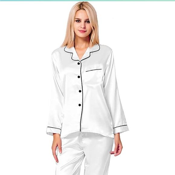 SWOMOG Other - NWT White Silky Satin Pajama Set Long Sleeve Loungewear Sleepwear Bridal M